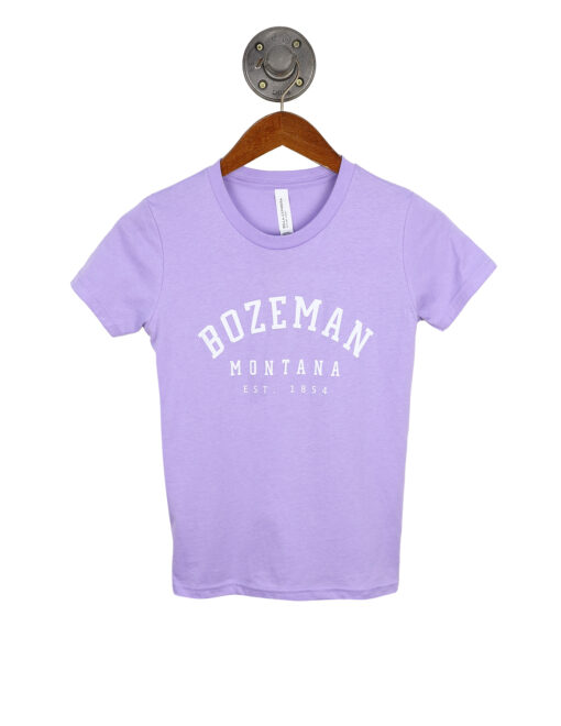 Barefoot Bozeman Montana Simple Arch Text Youth Tee Lavender Purple