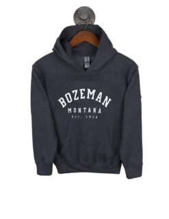 Barefoot Bozeman Montana Simple Arch Text Hoodie Dark Grey Heather