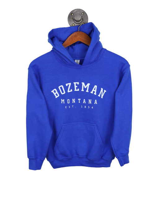 Barefoot Bozeman Montana Simple Arch Text Hoodie Royal Blue