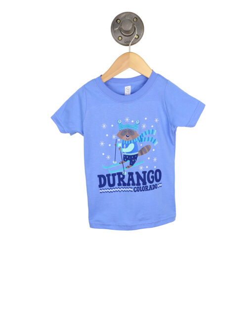 Barefoot Durango Colorado Toddler Skiing Racoon Light Blue Shirt