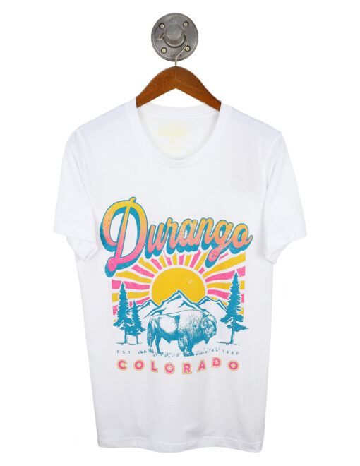 Barefoot Durango Colorado Sunshine Buffalo Neon Shirt White