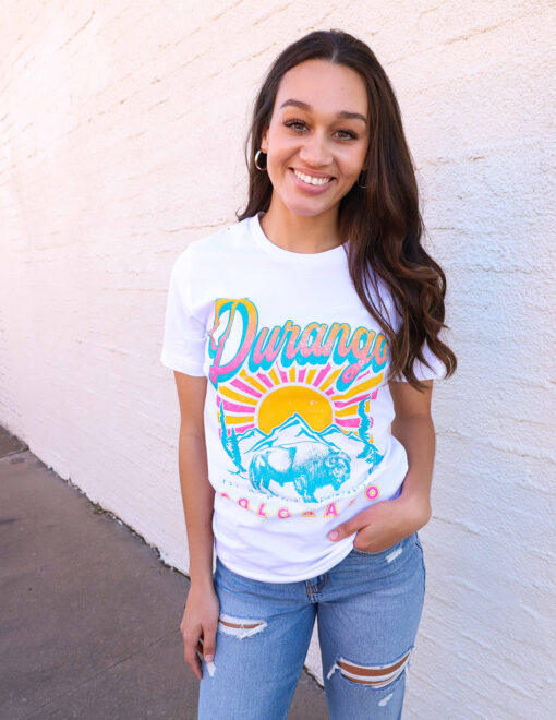 Barefoot Durango Colorado Sunshine Buffalo Neon Shirt White
