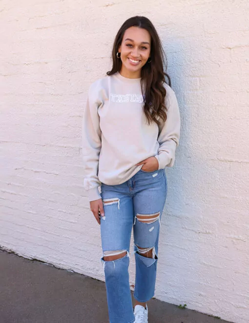 Girl wearing Barefoot Texas State TXSTATE Embroidered Crewneck Sweatshirt Pigment Ivory