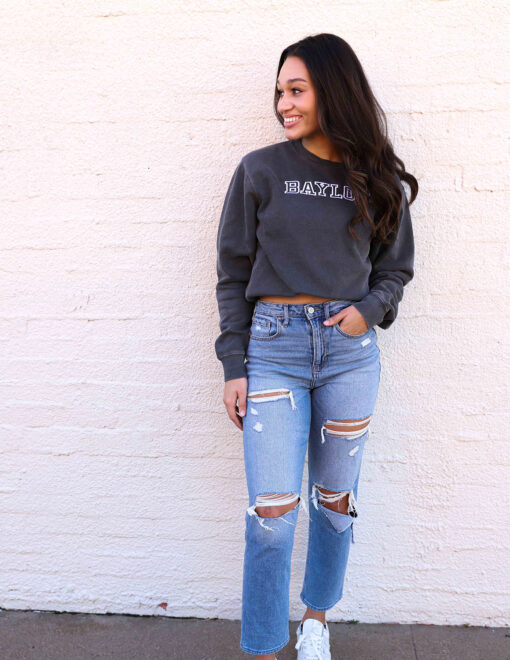 Girl wearing Barefoot Baylor Bears Embroidered Crewneck Sweatshirt Pigment Black