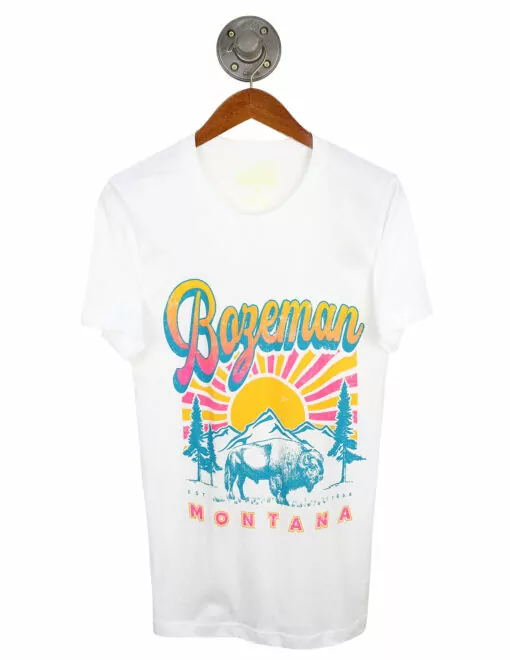 Barefoot Bozeman Montana Sunshine Buffalo Neon Shirt White