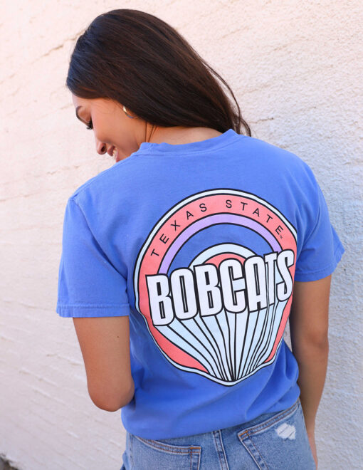 Girl wearing Barefoot Texas State Bobcats TXST Short Sleeve Mystic Blue Tee