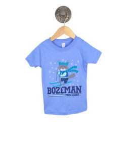 Barefoot Bozeman, Montana Toddler Skiing Racoon Light Blue Shirt